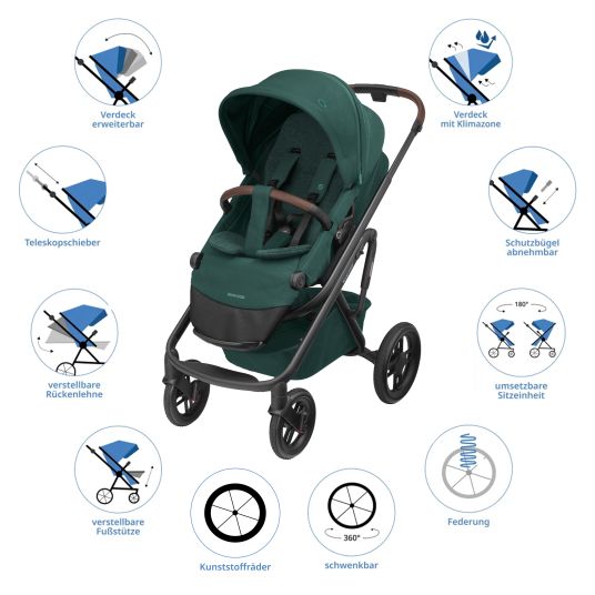 Maxi-Cosi Passeggino Lila XP Plus con navicella, capiente cesto XL fino a 10 kg, unità di seduta convertibile, fino a 22 kg - Essential Green