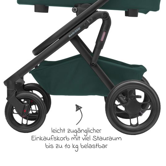 Maxi-Cosi Kombi-Kinderwagen Lila XP Plus inkl. Babywanne, geräumiger XL Korb bis 10 kg, umsetzbare Sitzeinheit, bis 22kg - Essential Green