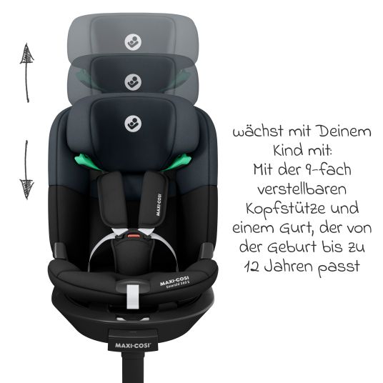 Maxi-Cosi Reboarder-Kindersitz Emerald S i-Size drehbar ab Geburt - 12 Jahre (40 cm - 150 cm) mit G-Cell Seitenaufpralltechnologie & Isofix-Base - Tonal Black