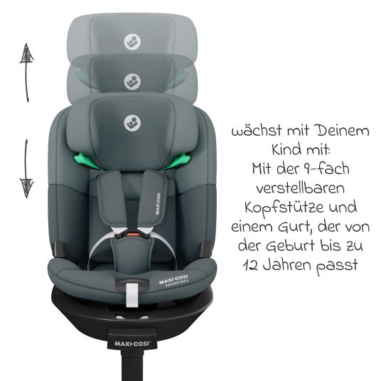 Maxi-Cosi Reboarder-Kindersitz Emerald S i-Size drehbar ab Geburt - 12 Jahre (40 cm - 150 cm) mit G-Cell Seitenaufpralltechnologie & Isofix-Base - Tonal Graphite