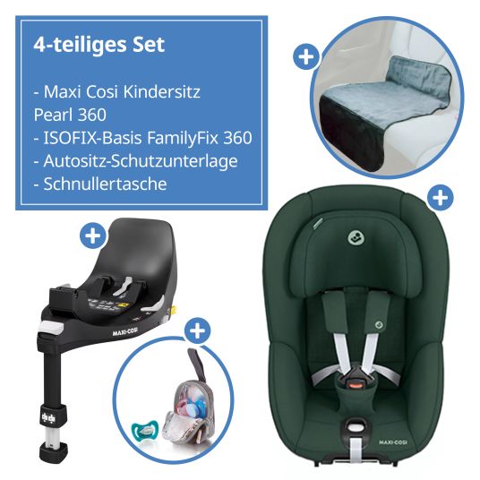 Maxi-Cosi Reboarder child seat Pearl 360 rotatable from 3 months - 4 years (61 cm - 105 cm) 0-17.4 kg incl. Isofix base FamilyFix 360, protective pad & pacifier bag - Authentic Green