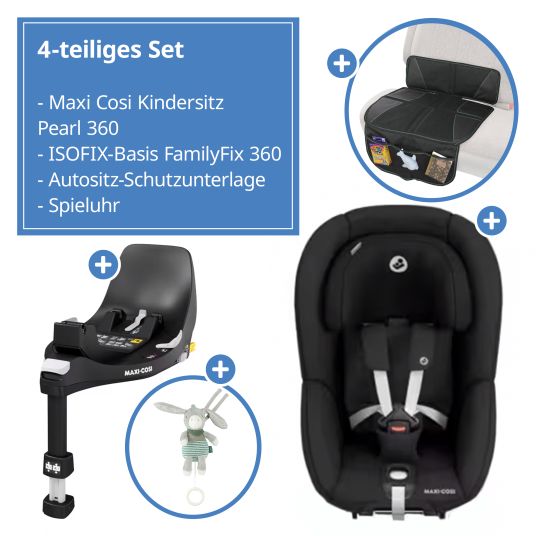 Maxi-Cosi Seggiolino Reboarder Pearl 360 girevole da 3 mesi a 4 anni (61 cm - 105 cm) 0-17,4 kg con base Isofix FamilyFix 360, cuscinetto protettivo e carillon - Nero autentico