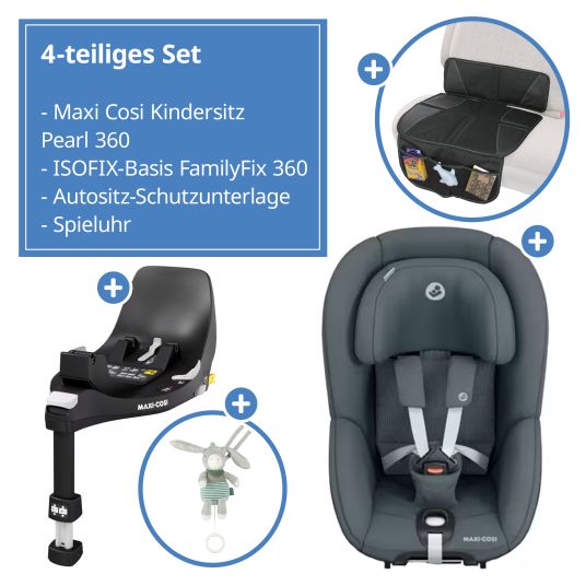 Maxi-Cosi Reboarder-Kindersitz Pearl 360 drehbar ab 3 Monate - 4 Jahre (61 cm - 105 cm) 0-17,4 kg inkl. Isofix-Basis FamilyFix 360, Schutzunterlage & Spieluhr - Authentic Graphite