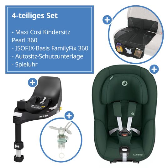 Maxi-Cosi Reboarder-Kindersitz Pearl 360 drehbar ab 3 Monate - 4 Jahre (61 cm - 105 cm) 0-17,4 kg inkl. Isofix-Basis FamilyFix 360, Schutzunterlage & Spieluhr - Authentic Green