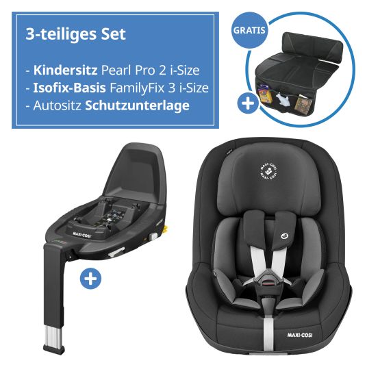 Maxi-Cosi Seggiolino Reboarder Pearl Pro 2 i-Size da 6 mesi a 4 anni (67 cm - 105 cm) con base FamilyFix 3 i-Size e cuscinetto protettivo - Nero autentico