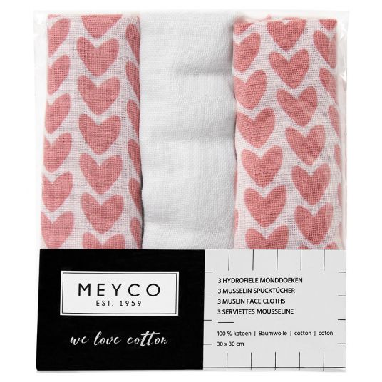 Meyco 3er Pack Mull-Pflegetücher 30 x 30 cm - Herzchen - Rosa