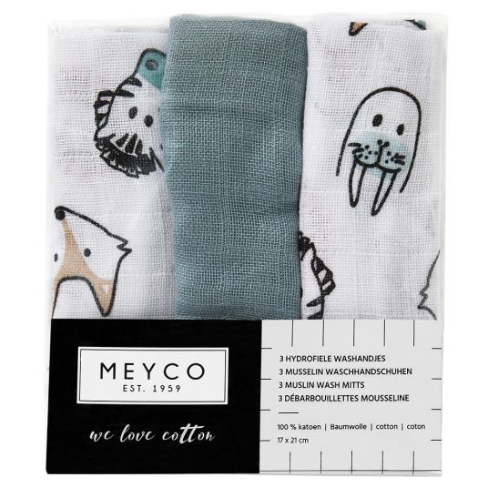 Meyco 3er Pack Mull-Waschhandschuh 20 x 14 cm  - Animals