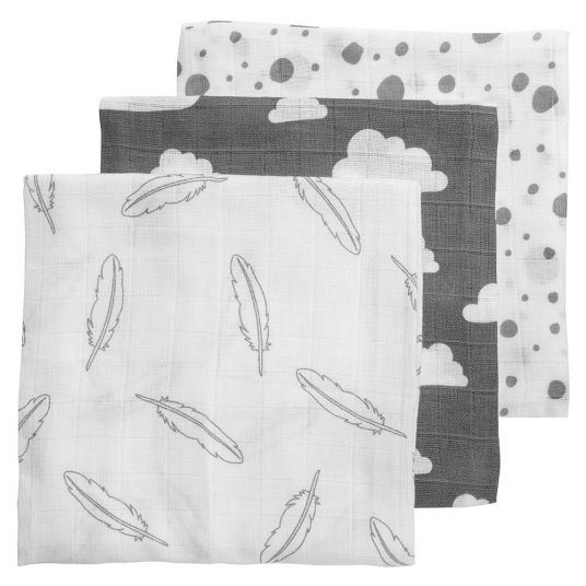 Meyco Pack of 3 muslin diapers - feathers clouds dots - gray