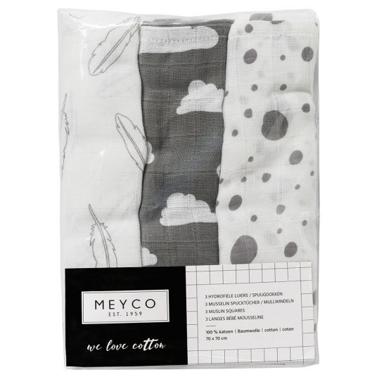 Meyco Pack of 3 muslin diapers - feathers clouds dots - gray