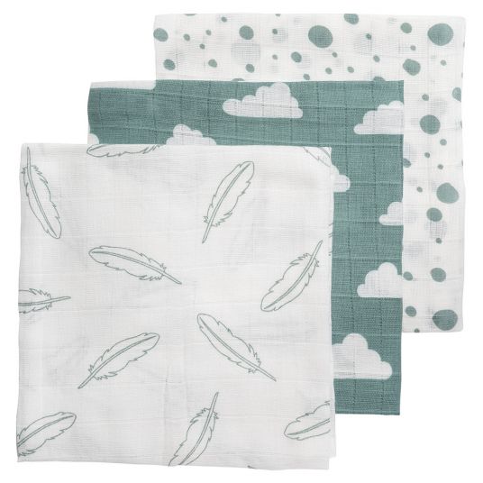 Meyco Pack of 3 muslin diapers - Feathers Clouds Dots - Green