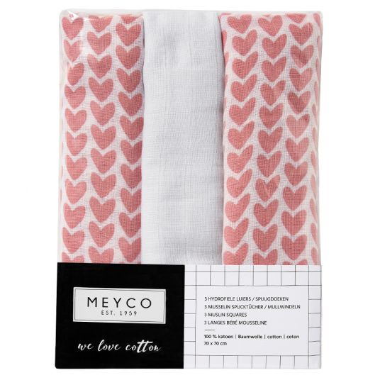 Meyco Pack of 3 muslin diapers - hearts - pink