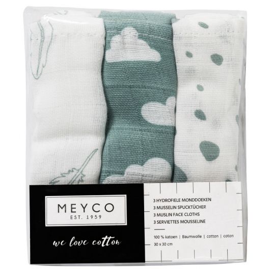 Meyco Mulltuch / Waschtuch - 3er Pack - 30 x 30 cm - Federn Wolken Dots - Grün