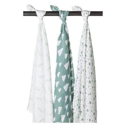 Meyco Gauze diaper / muslin cloth / puck cloth - Swaddle - 3 pack - 120 x 120 cm - Feathers Clouds Dots - Green