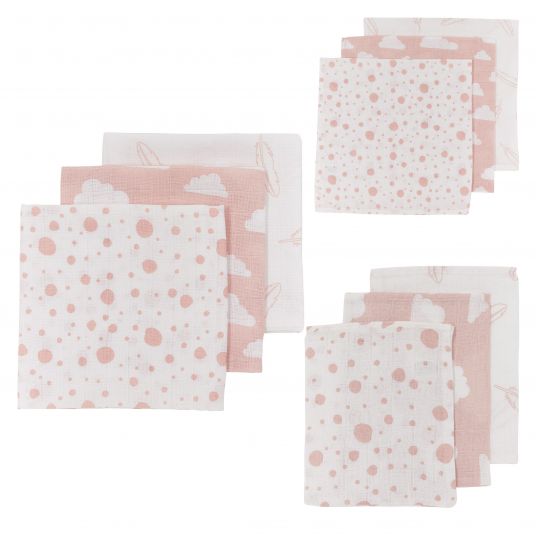 Meyco Starter set 9 pcs muslin cloths - Feathers Clouds Dots - Pink