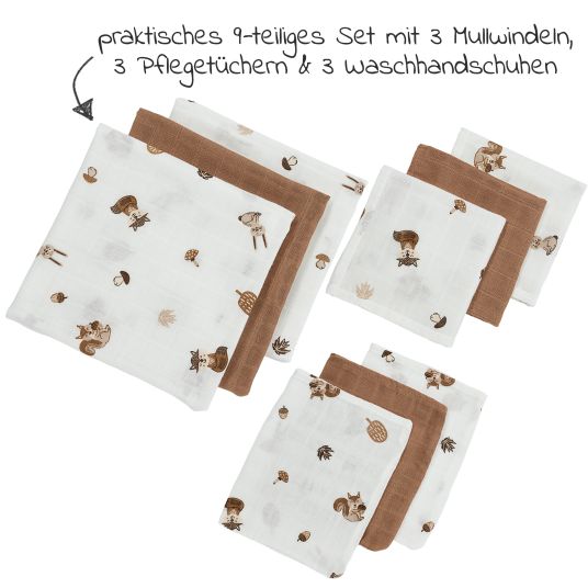 Meyco Starter set 9-piece muslin cloths - Forest Animals - Toffee