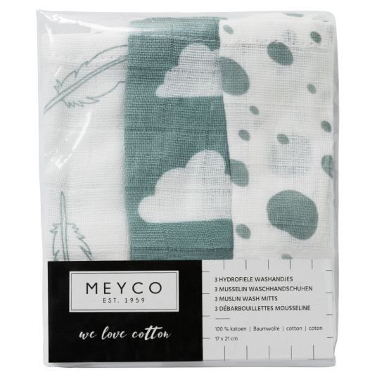 Meyco Waschhandschuh - 3er Pack - 20 x 14 cm - Federn Wolken Dots - Grün