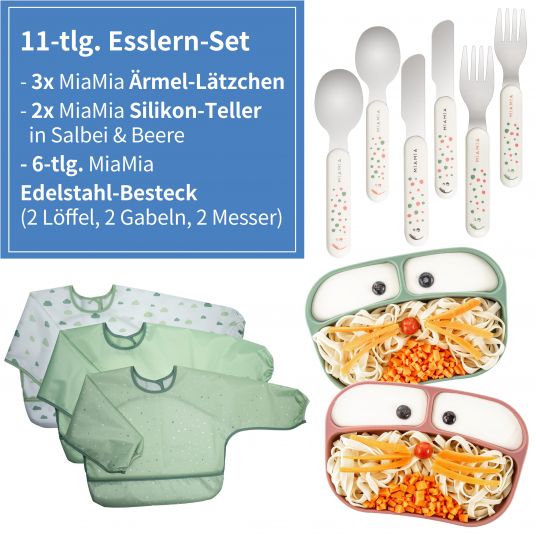 MiaMia 11-tlg. Esslern-Set - 2x Silikon-Teller + 2x Edelstahl-Besteck + 3x Ärmel-Lätzchen - Salbei Beere