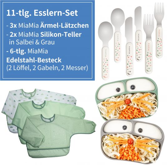 MiaMia Set 11 pezzi per imparare a mangiare - 2x piatto in silicone + 2x posate in acciaio inox + 3x bavaglino - Grigio salvia
