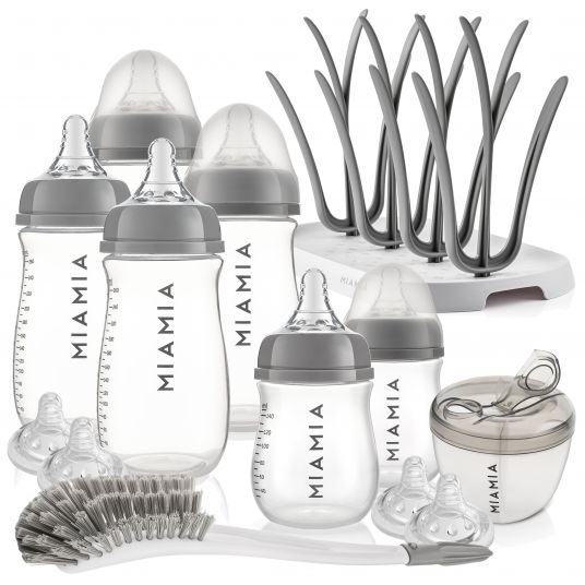 MiaMia 13-tlg. Starter-Set / Flaschen-Set - 6 PP-Flaschen + Trinksauger + Milchpulverportionierer + Flaschenbürste + Abtropfständer