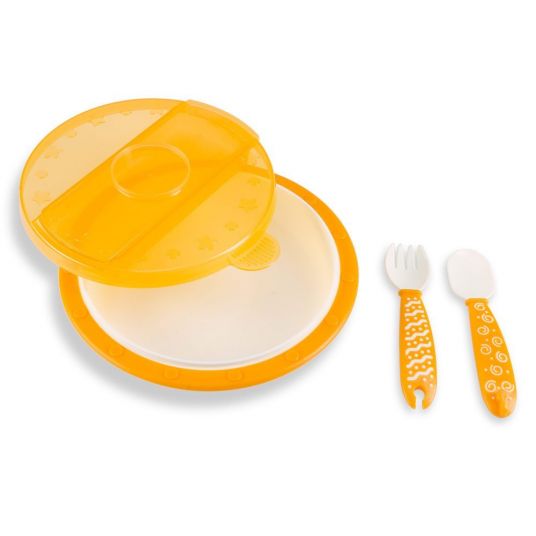 MiaMia Set of 3 plates with lid + cutlery - Orange