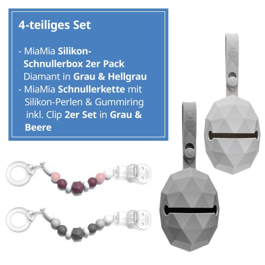 MiaMia 4-tlg. Schnuller-Zubehör-Set - 2x Silikon-Schnullerbox + 2x Schnullerkette mit Silikon-Perlen & Gummiring inkl. Clip - Grau Beere
