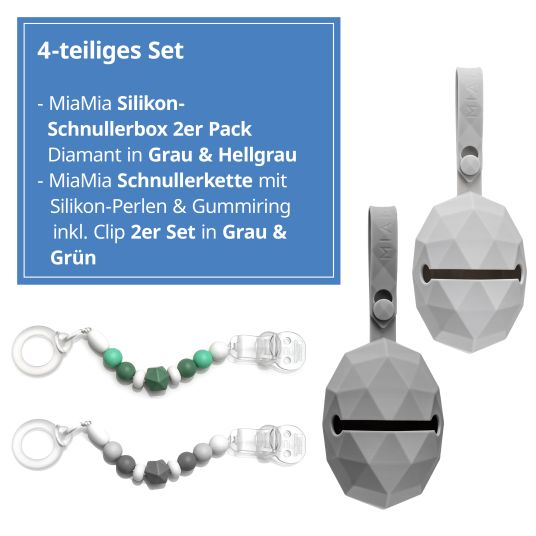 MiaMia 4-tlg. Schnuller-Zubehör-Set - 2x Silikon-Schnullerbox + 2x Schnullerkette mit Silikon-Perlen & Gummiring inkl. Clip - Grau Grün