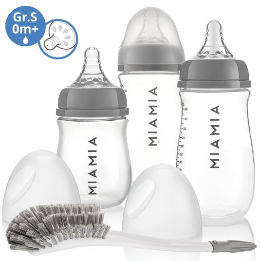 MiaMia Set iniziale di 4 pezzi 3 biberon in PP con tettarella in silicone + spazzolino per biberon