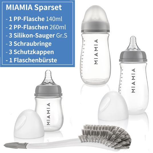 MiaMia Set iniziale di 4 pezzi 3 biberon in PP con tettarella in silicone + spazzolino per biberon