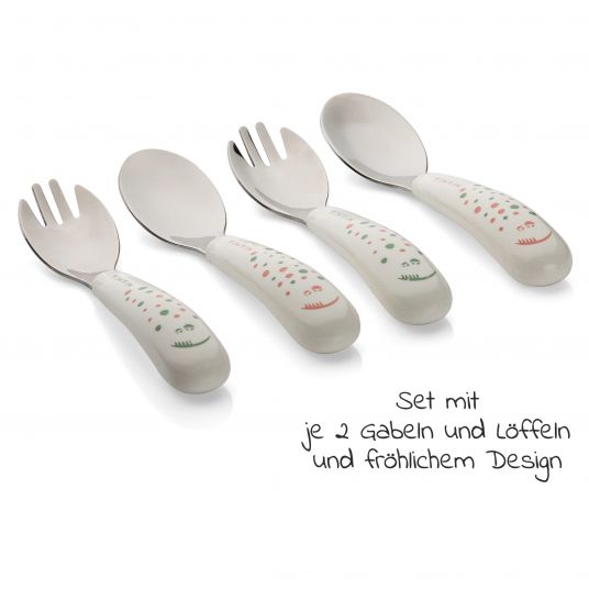 MiaMia Set of 6 dishes - 2x silicone plates + 2x stainless steel cutlery - sage gray