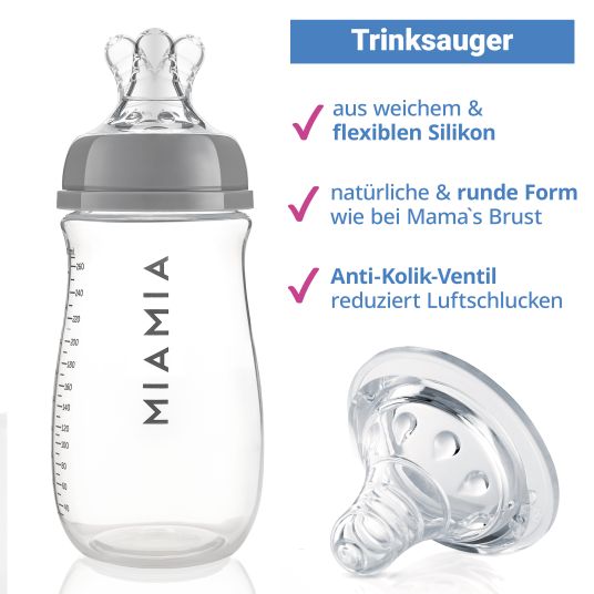 MiaMia PP bottle 2-pack 260 ml + silicone teat size S - gray