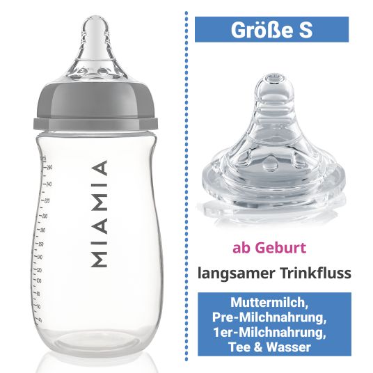 MiaMia PP bottle 2-pack 260 ml + silicone teat size S - gray