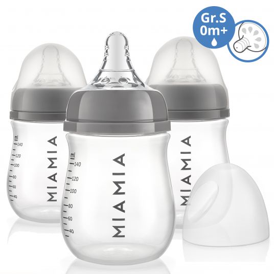 MiaMia PP-Flasche 3er Pack 140 ml + Silikon-Trinksauger Gr.S - Grau