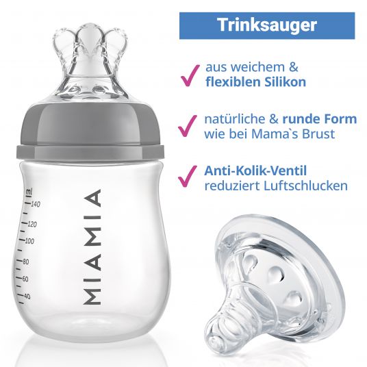 MiaMia PP-Flasche 3er Pack 140 ml + Silikon-Trinksauger Gr.S - Grau