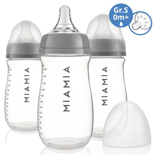 MiaMia PP bottle 3-pack 260 ml + silicone teat size S - gray