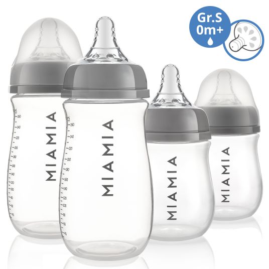 MiaMia PP bottle 4-pack 140 ml & 260 ml + silicone teat size S - gray