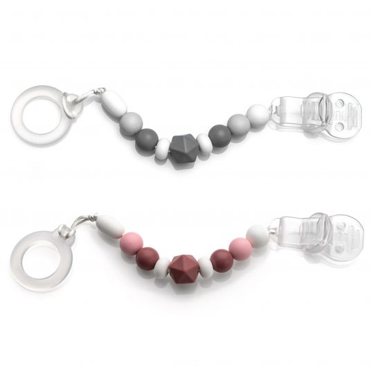 MiaMia Schnullerkette mit Silikon-Perlen & Gummiring inkl. Clip - 2er Set - Grau Beere