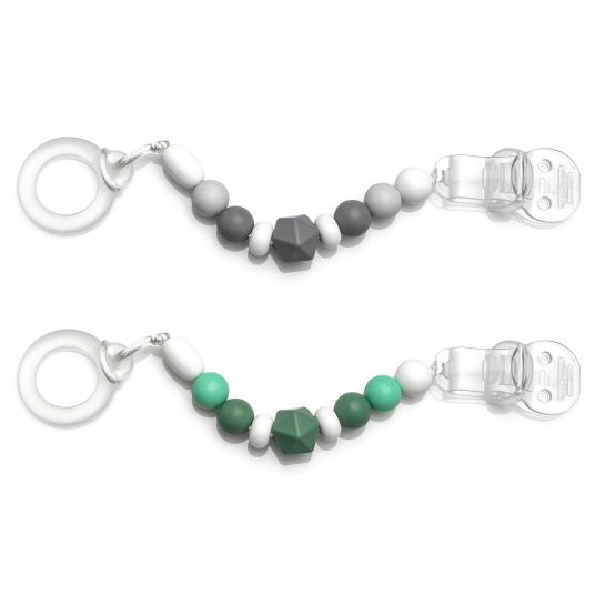 MiaMia Schnullerkette mit Silikon-Perlen & Gummiring inkl. Clip - 2er Set - Grau Grün