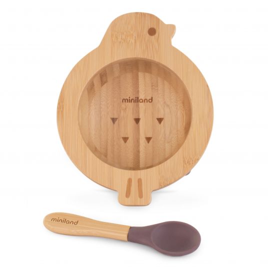Miniland 2 pcs bamboo dining set - bowl with suction cup + spoon - eco friendly - Chick