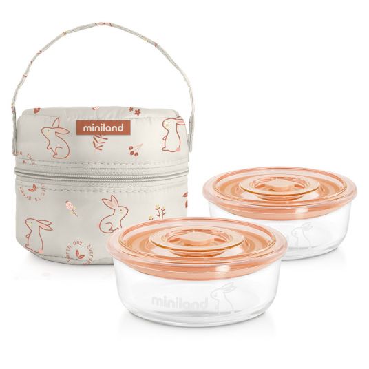 Miniland Set di 3 contenitori in vetro con borsa isolante - Pack 2 Go Naturround 330 ml - eco-friendly Bunny