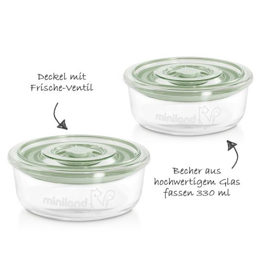 Miniland Set di 3 contenitori in vetro con borsa isolante - Pack 2 Go Naturround 330 ml - eco-friendly Chip