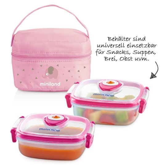 Miniland 3-piece storage container set incl. insulated bag - Pack 2 Go Hermifresh 330 ml - Rose