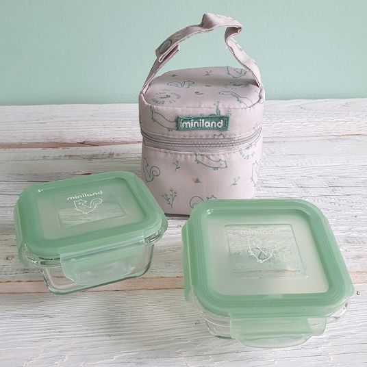 Miniland Storage container set glass incl. insulated bag - Pack 2 Go NaturSquare 160 ml - eco friendly chip