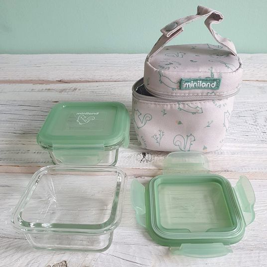 Miniland Storage container set glass incl. insulated bag - Pack 2 Go NaturSquare 160 ml - eco friendly chip