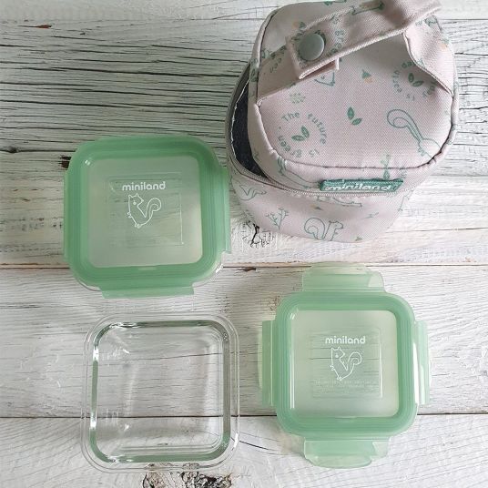 Miniland Aufbewahrungsbehälter-Set Glas inkl. Isoliertasche - Pack 2 Go NaturSquare 160 ml - eco friendly Chip