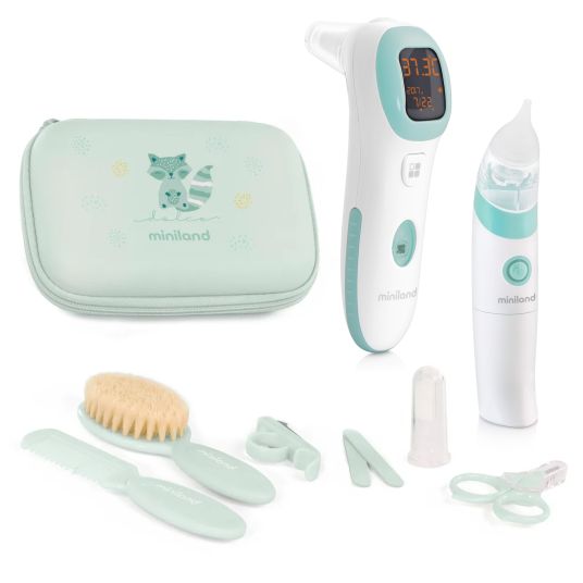 Miniland Baby health set 10-piece - with infrared clinical thermometer + electric nasal aspirator + care set - Mint