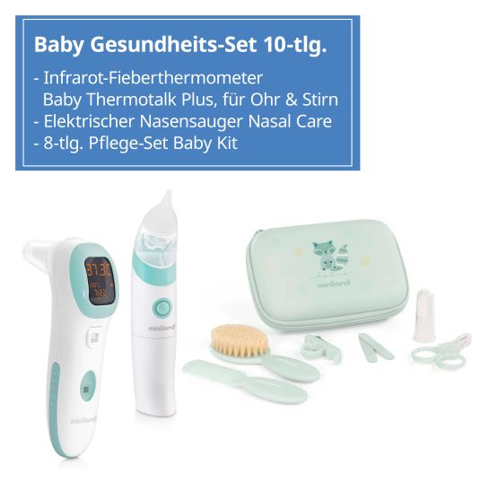 Miniland Baby Gesundheits-Set 10-tlg. - mit Infrarot-Fieberthermometer + elektr. Nasensauger + Pflege-Set - Mint