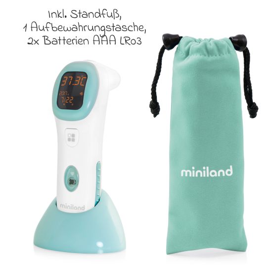 Miniland Baby Gesundheits-Set 10-tlg. - mit Infrarot-Fieberthermometer + elektr. Nasensauger + Pflege-Set - Mint