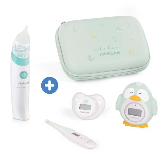 Miniland 5-piece baby health set - with electric nasal aspirator + 2 clinical thermometers + bath thermometer - Mint