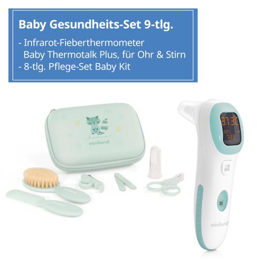 Miniland Baby Gesundheits-Set 9-tlg. - mit Infrarot-Fieberthermometer + Pflege-Set - Mint