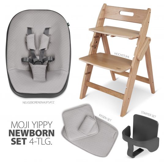 Moji Yippy Newborn Set (4-tlg.) Hochstuhl + Neugeborenen-Aufsatz + Sitzkissen + Starter-Set - Oak